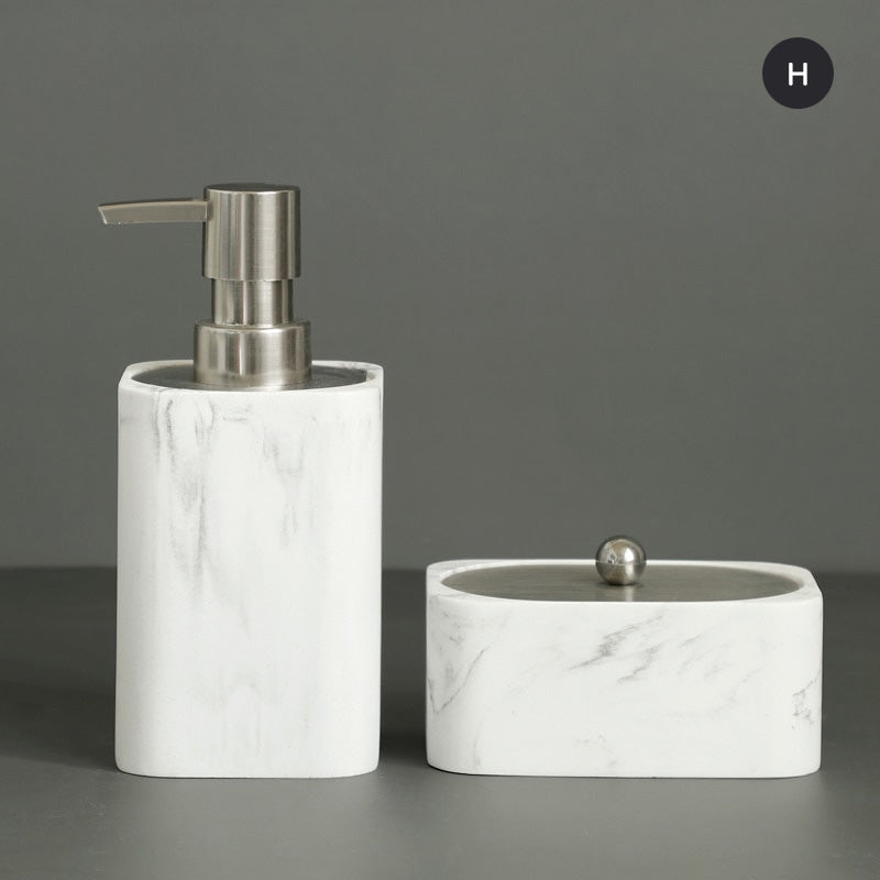 Modern White Faux Marble Bathroom Accessories Sets Liquid Soap Dispenser Mouthwash Tumbler Toothbrush Holder Box For Cotton Swabs
