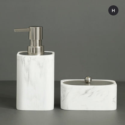 Modern White Faux Marble Bathroom Accessories Sets Liquid Soap Dispenser Mouthwash Tumbler Toothbrush Holder Box For Cotton Swabs