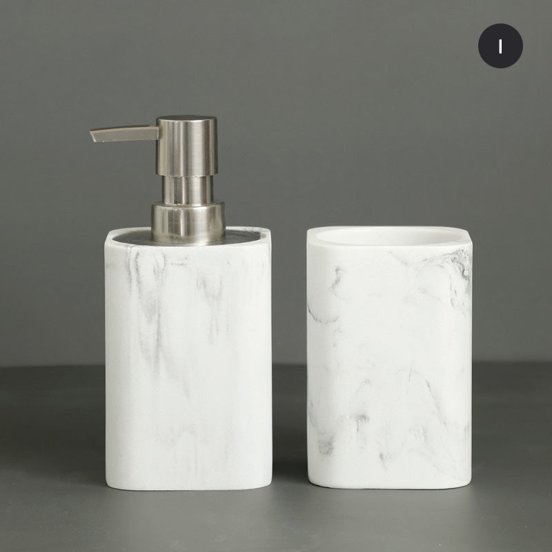 Modern White Faux Marble Bathroom Accessories Sets Liquid Soap Dispenser Mouthwash Tumbler Toothbrush Holder Box For Cotton Swabs