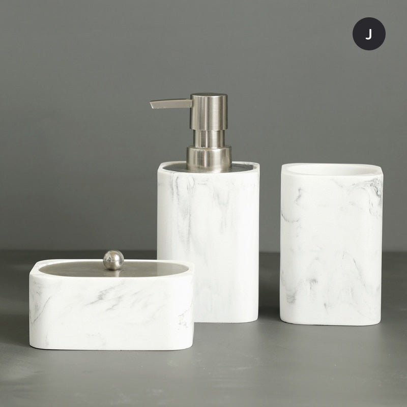 Modern White Faux Marble Bathroom Accessories Sets Liquid Soap Dispenser Mouthwash Tumbler Toothbrush Holder Box For Cotton Swabs