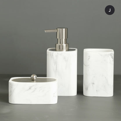 Modern White Faux Marble Bathroom Accessories Sets Liquid Soap Dispenser Mouthwash Tumbler Toothbrush Holder Box For Cotton Swabs