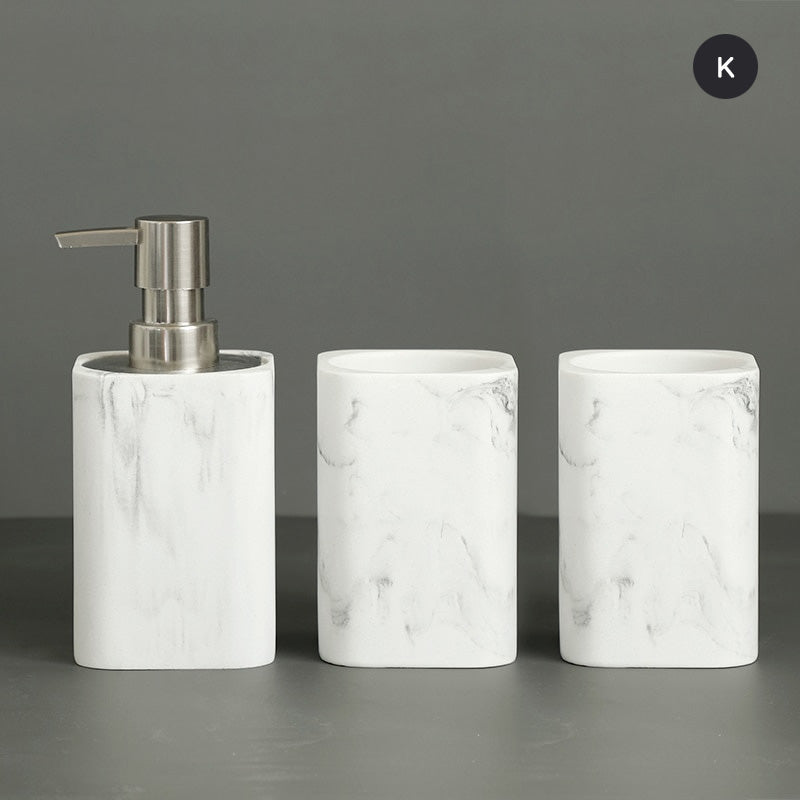 Modern White Faux Marble Bathroom Accessories Sets Liquid Soap Dispenser Mouthwash Tumbler Toothbrush Holder Box For Cotton Swabs