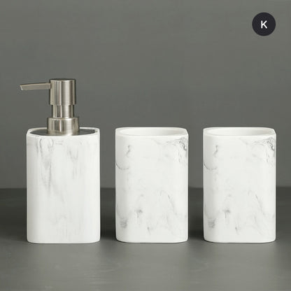 Modern White Faux Marble Bathroom Accessories Sets Liquid Soap Dispenser Mouthwash Tumbler Toothbrush Holder Box For Cotton Swabs