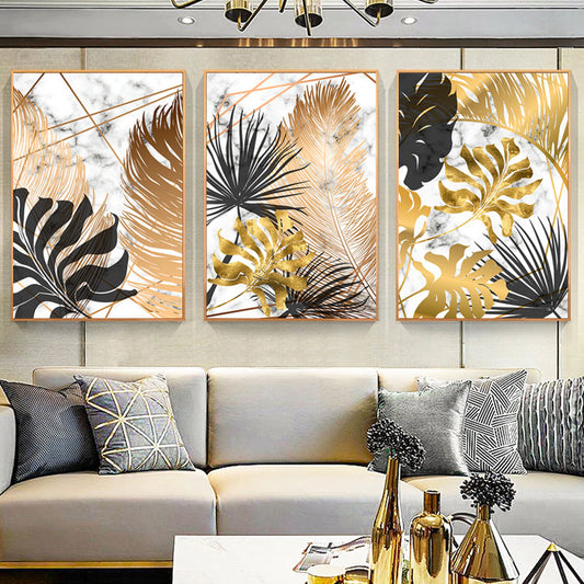 Golden Leaves On Marble Background Fine Art Canvas Prints Tropical Botanical Nordic Style Modern Luxury Lifestyle Wall Art For Living Room Dining Room Home Decor