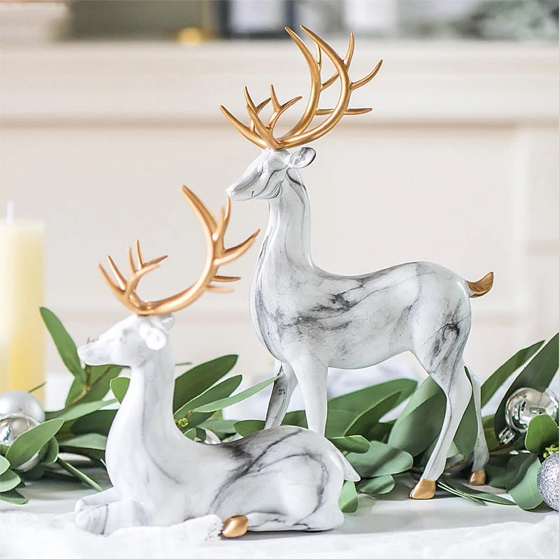 Nordic Style Marble Deer With Golden Antlers Ornamental Resin Crafted Figurines For Coffee Table Windowsill Fireplace Mantelpiece Modern Home Decor