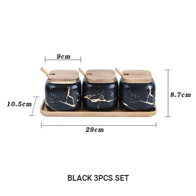 Nordic Style Marble Patterned Ceramic Kitchen Storage Jars Serving Pots With Wooden Lid Creative Stylish Kitchen Accessories Modern Home Decor