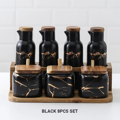 Nordic Style Marble Patterned Ceramic Kitchen Storage Jars Serving Pots With Wooden Lid Creative Stylish Kitchen Accessories Modern Home Decor