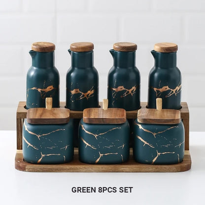 Nordic Style Marble Patterned Ceramic Kitchen Storage Jars Serving Pots With Wooden Lid Creative Stylish Kitchen Accessories Modern Home Decor