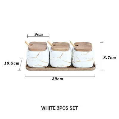Nordic Style Marble Patterned Ceramic Kitchen Storage Jars Serving Pots With Wooden Lid Creative Stylish Kitchen Accessories Modern Home Decor