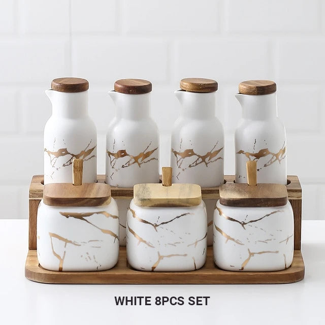 Nordic Style Marble Patterned Ceramic Kitchen Storage Jars Serving Pots With Wooden Lid Creative Stylish Kitchen Accessories Modern Home Decor