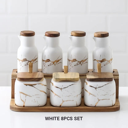 Nordic Style Marble Patterned Ceramic Kitchen Storage Jars Serving Pots With Wooden Lid Creative Stylish Kitchen Accessories Modern Home Decor