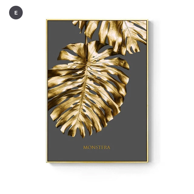 Nordic Tropical Golden Leaves Wall Art Modern Creative Fine Art Canvas Prints Minimalist Botanical Pictures For Luxury Living Room Salon Wall Art Decor