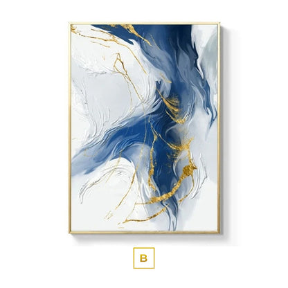 Ocean Blue Golden Cloud Swirls Modern Abstract Minimalist Wall Art For Luxury Apartment Living Room Boardroom Home Office Art Decor