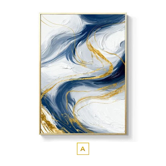 Ocean Blue Golden Cloud Swirls Modern Abstract Minimalist Wall Art For Luxury Apartment Living Room Boardroom Home Office Art Decor