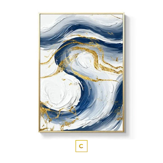 Ocean Blue Golden Cloud Swirls Modern Abstract Minimalist Wall Art For Luxury Apartment Living Room Boardroom Home Office Art Decor