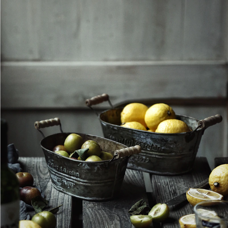 Rustic Vintage Iron Fruit Storage Basket With Handles Traditional Cottage Decor Retro Bread Bin Flower Pot Vintage Kitchen Decor