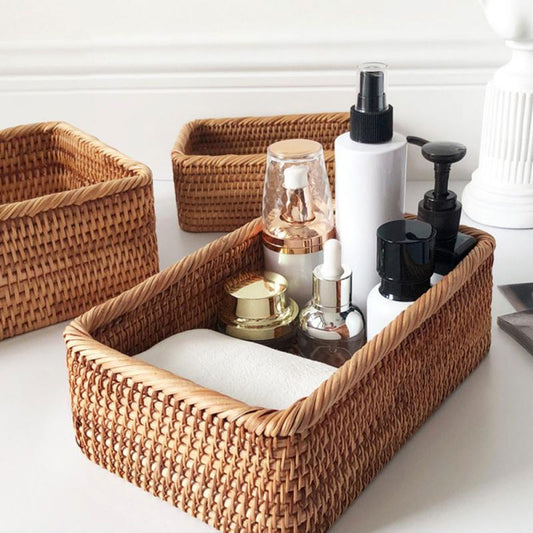 Handwoven Wicker Baskets For Kitchen Fruit Bread Basket For Bathroom Cosmetics Storage Rattan Trays For Home Tidy Sundries Storage Boxes