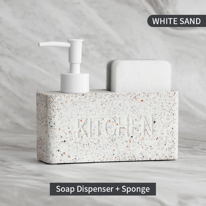 Modern Kitchen Soap Dispenser With Scrubber Housing Contoured Hand Finished Resin Block Hand Wash Liquid Pump Soap Dispenser For Kitchen