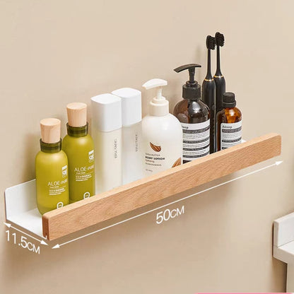 Modern Bathroom Shelf Solid Wood & Aluminium Racking For Cosmetics Shampoo Storage Washroom Kitchen All Purpose Wood Metal Shelving