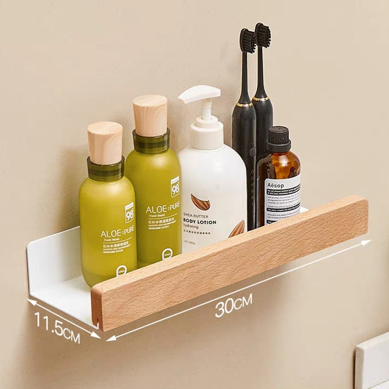 Modern Bathroom Shelf Solid Wood & Aluminium Racking For Cosmetics Shampoo Storage Washroom Kitchen All Purpose Wood Metal Shelving