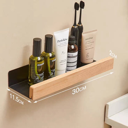 Modern Bathroom Shelf Solid Wood & Aluminium Racking For Cosmetics Shampoo Storage Washroom Kitchen All Purpose Wood Metal Shelving