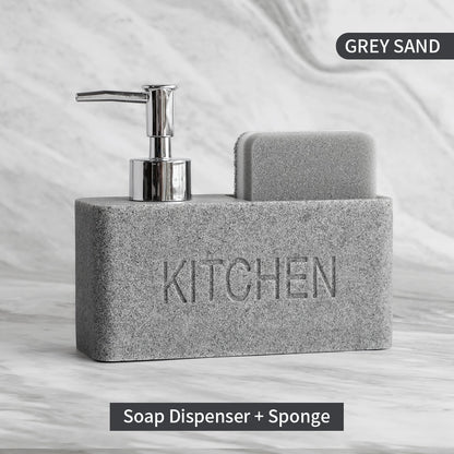 Modern Kitchen Soap Dispenser With Scrubber Housing Contoured Hand Finished Resin Block Hand Wash Liquid Pump Soap Dispenser For Kitchen