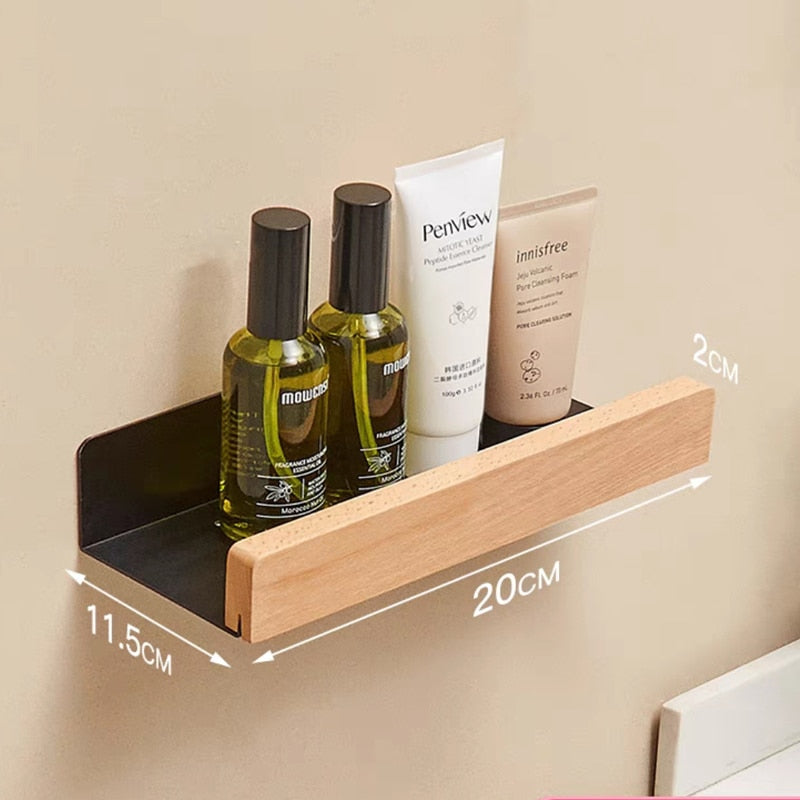 Modern Bathroom Shelf Solid Wood & Aluminium Racking For Cosmetics Shampoo Storage Washroom Kitchen All Purpose Wood Metal Shelving