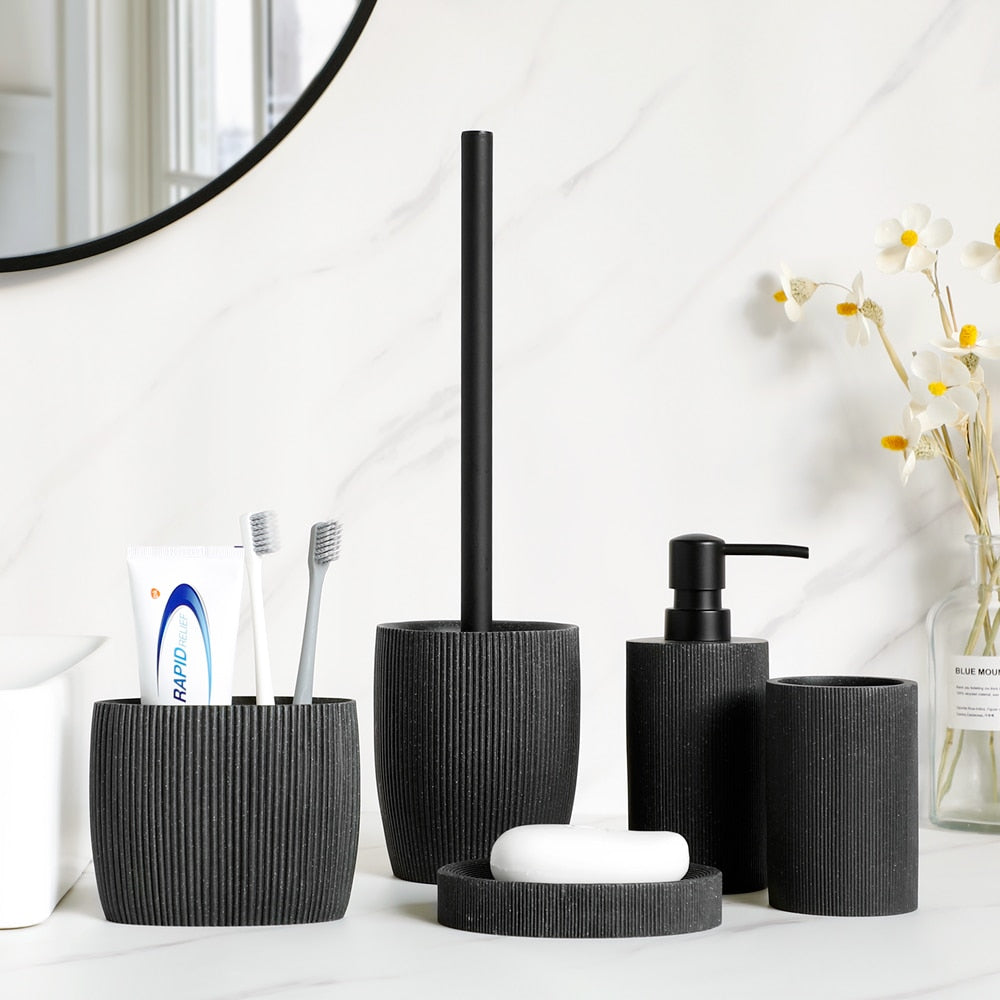 Volcanic Black Bathroom Accessories Soap Dish Toothbrush Holder Gargle Cup Liquid Soap Dispenser Toilet Brush Holder Matching Bathroom Essentials