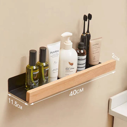 Modern Bathroom Shelf Solid Wood & Aluminium Racking For Cosmetics Shampoo Storage Washroom Kitchen All Purpose Wood Metal Shelving