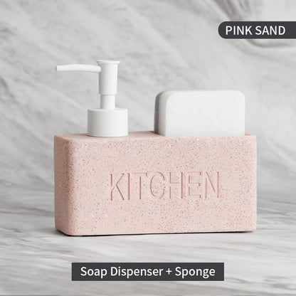 Modern Kitchen Soap Dispenser With Scrubber Housing Contoured Hand Finished Resin Block Hand Wash Liquid Pump Soap Dispenser For Kitchen