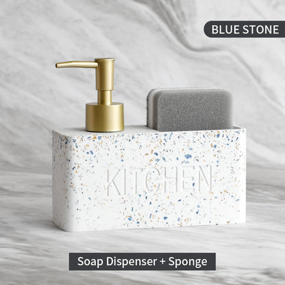 Modern Kitchen Soap Dispenser With Scrubber Housing Contoured Hand Finished Resin Block Hand Wash Liquid Pump Soap Dispenser For Kitchen