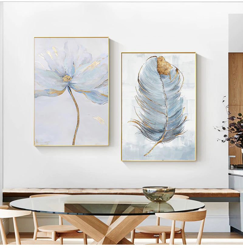 Scandinavian Blue Floral Wall Art Fine Art Feather Canvas Prints Subtle Colors Flower Pictures For Living Room Bedroom Nordic Home Interior Decor