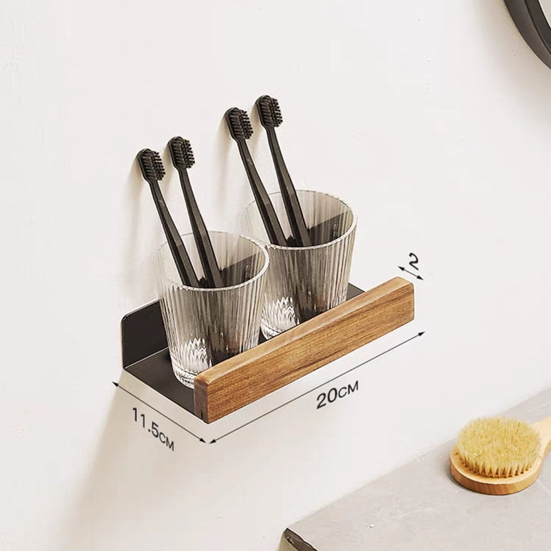 Modern Bathroom Shelf Solid Wood & Aluminium Racking For Cosmetics Shampoo Storage Washroom Kitchen All Purpose Wood Metal Shelving