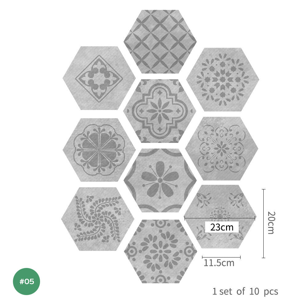 Self Adhesive Vinyl Floor Tile Stickers Colorful Patterns Waterproof Peel & Stick Non Slip Flooring Stickers Hexagon Shape Designs Multi-packs