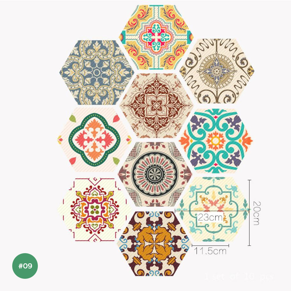 Self Adhesive Vinyl Floor Tile Stickers Colorful Patterns Waterproof Peel & Stick Non Slip Flooring Stickers Hexagon Shape Designs Multi-packs