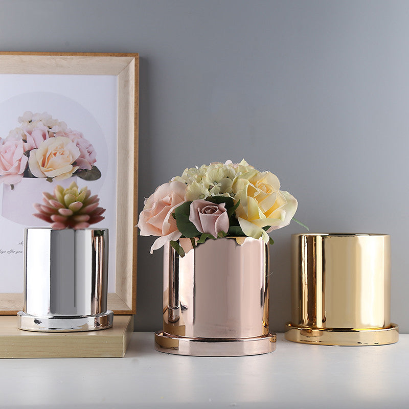 Shiny Rose Gold Silver And Golden Ceramic Plant Pots Minimalist Nordic Style Cactus Pots Orchid Flower Pots Desktop Table Ornaments