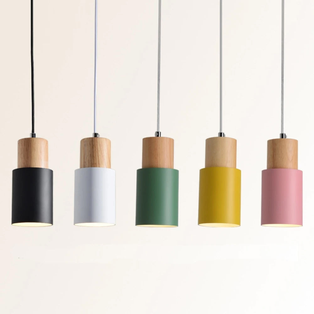 Simple Nordic Wood & Aluminum Pendant Lamps For Kitchen Bar Restaurant Diner Hanging Lights Minimalist Style Pastel Colored Light Fittings For Home/Office