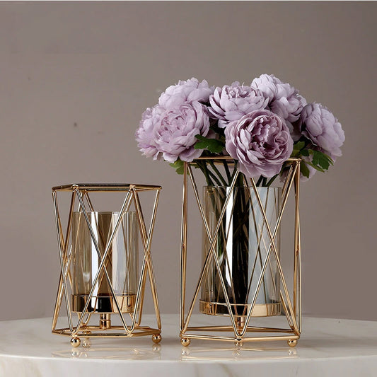 Stylish Geometric Metal And Glass Vase Nordic Style Living Room Decoration Rustic Brass Vases For Flower Arrangement Trending Latest Home Interior Decor