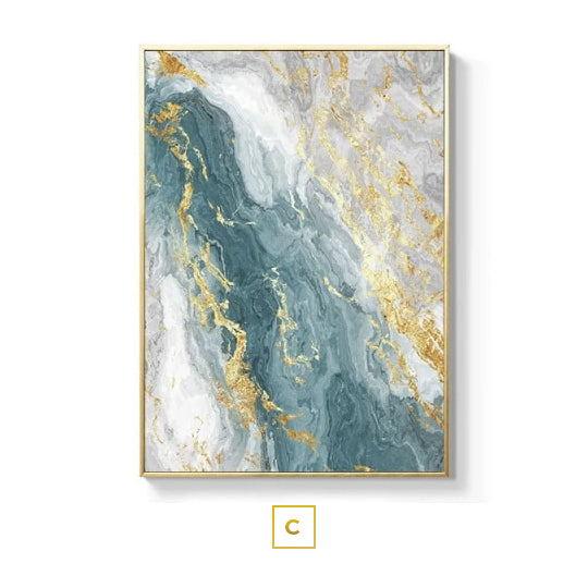 Subtle Hues Pale Blue Green Golden Flash Marble Print Abstract Wall Art Wall Modern Loft Apartment Luxury Living Room Home Office Interior Decor