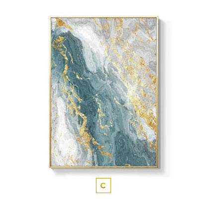Subtle Hues Pale Blue Green Golden Flash Marble Print Abstract Wall Art Wall Modern Loft Apartment Luxury Living Room Home Office Interior Decor