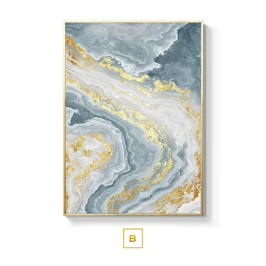 Subtle Hues Pale Blue Green Golden Flash Marble Print Abstract Wall Art Wall Modern Loft Apartment Luxury Living Room Home Office Interior Decor