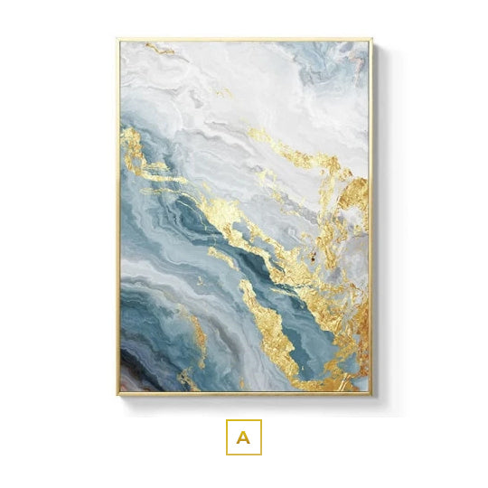 Subtle Hues Pale Blue Green Golden Flash Marble Print Abstract Wall Art Wall Modern Loft Apartment Luxury Living Room Home Office Interior Decor