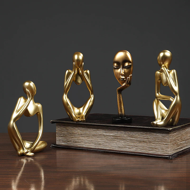 Arty Abstract Thinker Statues Resin Sculptures Ornamental Figurines Delightful Decoration Living Room Mantelpiece Ornaments In Black Gold & White