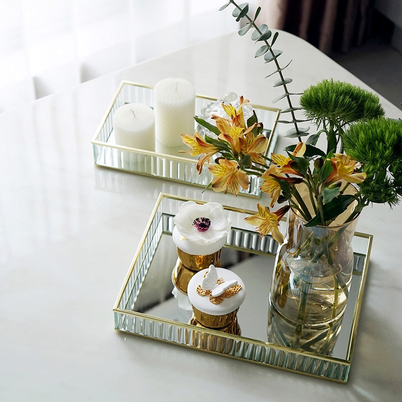 Retro Decorative Glass Mirror Tray For Drinks Snacks Desserts Perfumes etc Mirrored Base With Black Silver Gold Metal Edges