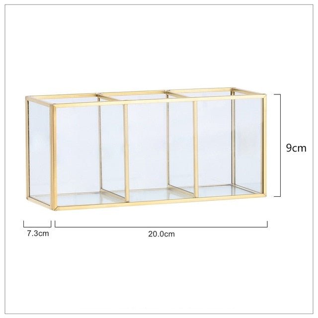 Luxury Nordic Cosmetics Makeup Storage Box Lipstick Brush Eyebrow Pencil Organizer Glass And Brass Jewelry Case For Salon Bedroom Vintage Handmade Home Decor