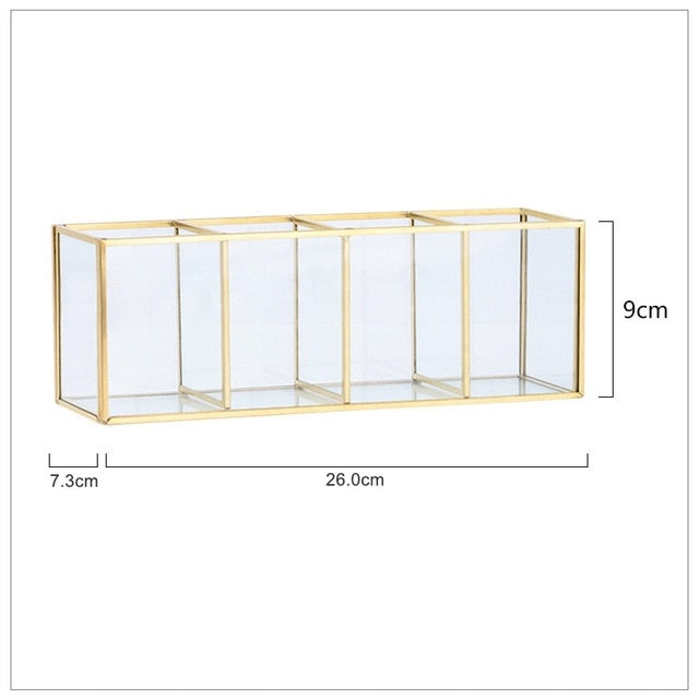 Luxury Nordic Cosmetics Makeup Storage Box Lipstick Brush Eyebrow Pencil Organizer Glass And Brass Jewelry Case For Salon Bedroom Vintage Handmade Home Decor