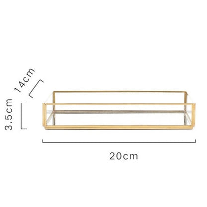 Glass & Brass Geometric Square Tray Nordic Style Geometric Design Makeup Storage Tray Metal Jewelry Display Box Glam Home Decor