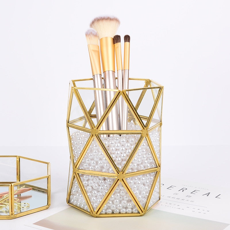 Nordic Geometric Makeup Brush Pot Glass & Metal Frame Desktop Tidy Pen Holder Dressing Room Table Organizer Glam Home Decoration