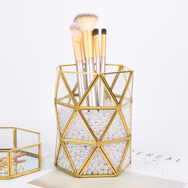 Nordic Geometric Makeup Brush Pot Glass & Metal Frame Desktop Tidy Pen Holder Dressing Room Table Organizer Glam Home Decoration
