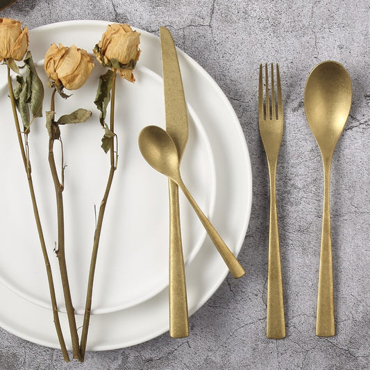 Retro Stainless Steel Cutlery Silver Gold Knife Fork Spoon Dinner Sets Old Fashioned Contemporary Modern Gold Tableware 4Pcs/set